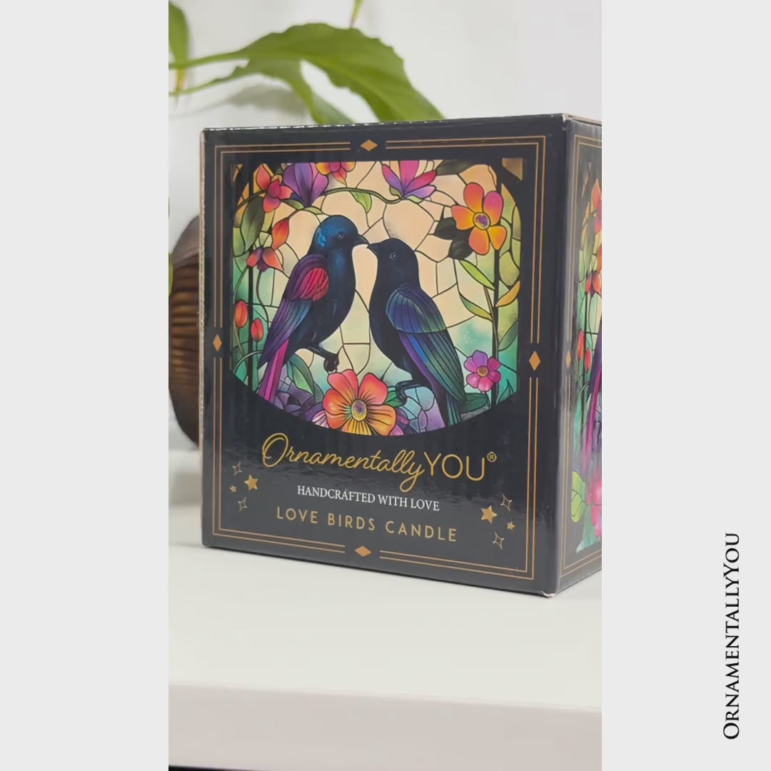 Birds of Love Faux Stained Glass LED Tea Light Candle, Cozy Romantic Valentine Decor With Soft Glow