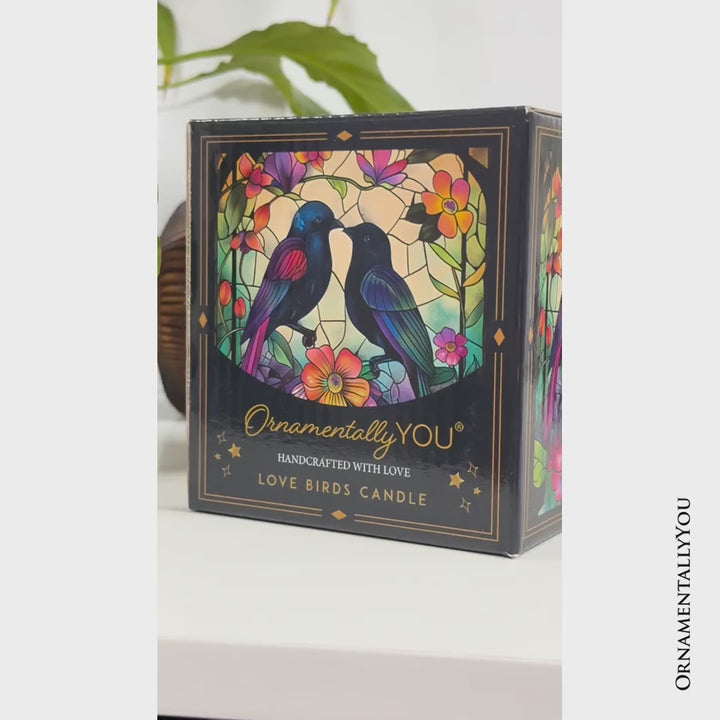 Birds of Love Faux Stained Glass LED Tea Light Candle, Cozy Romantic Valentine Decor With Soft Glow