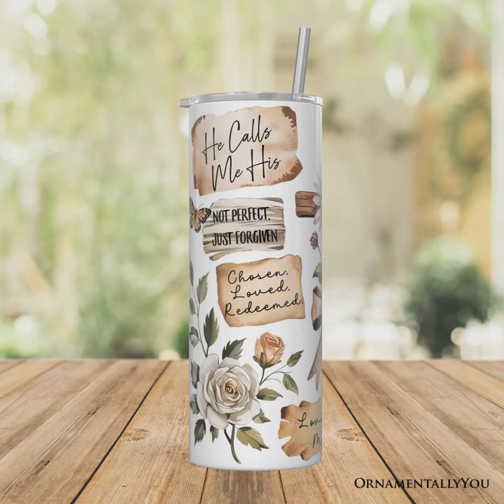 Boho Christian Cross 20oz Personalized Tumbler With Lid and Stainless Steel Straw, Vintage Floral Quotes Gift Cup