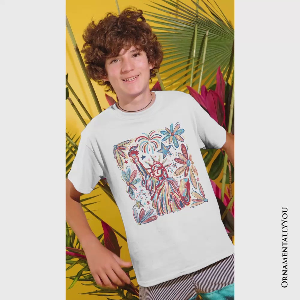 Kids Patriotic Statue of Liberty and Fireworks T-Shirt, Festive 4th of July Youth Tee