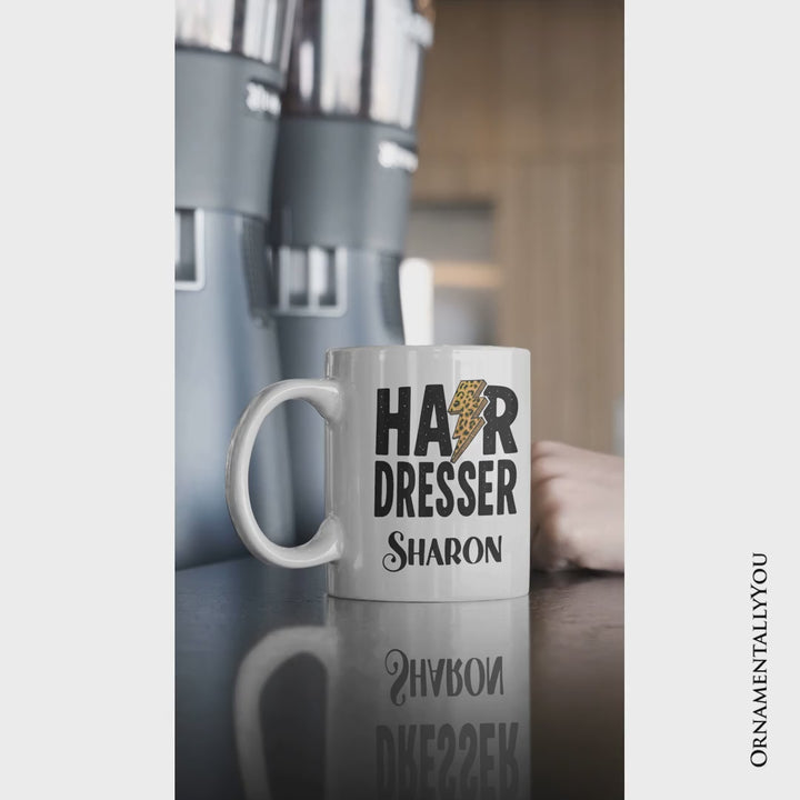 Hairdresser Leopard Lightning Pesonalized Mug, Retro Stylist Gift with Custom Name