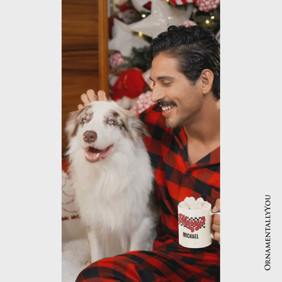 Merry Retro Personalized Mug, Christmas Checkered Gift with Custom Name