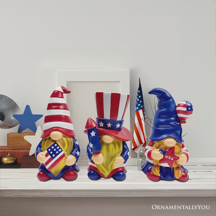 (Pre-Order) Patriotic Gnome Trio Figurines, 6" Set of Three Garden Statues and July 4th Decoration