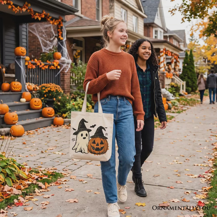 Witch Hat Ghost and Pumpkin Tote Bag, Vintage Halloween Jack O’ Lantern Gift Shopper