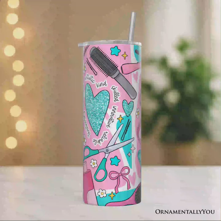 Hair Stylist Beauty Tools Pattern 20oz Personalized Tumbler With Lid and Stainless Steel Straw, Salon Cosmetology Gift Cup