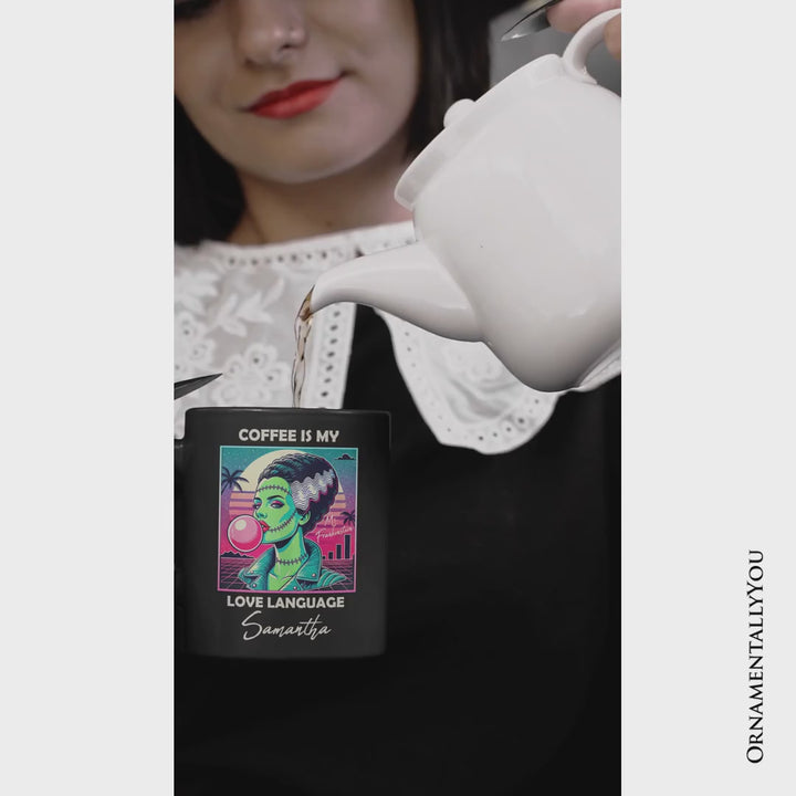 Vaperwave Mrs Frankenstein Bride Retro Neon Horror Personalized Mug, Synthwave 80's Styled Classic Halloween Gift with Custom Name