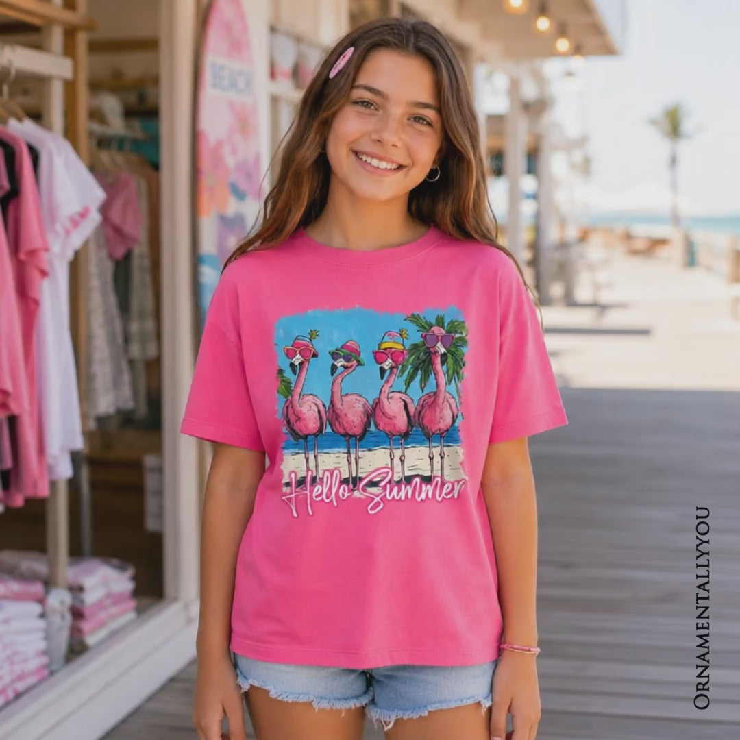 Kids Flamingo Hello Summer T-Shirt, Tropical Beach Vacation Youth Tee