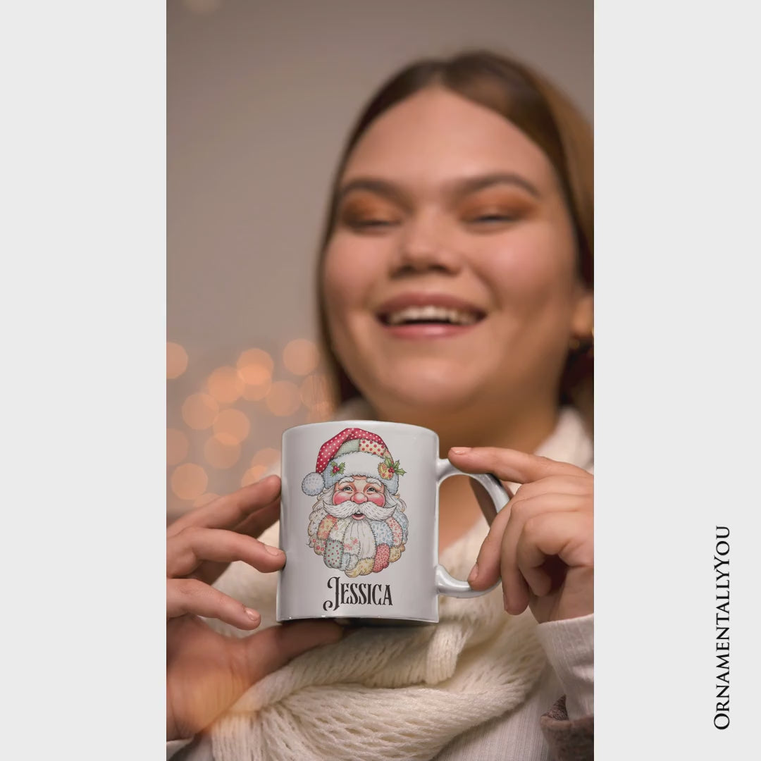 Patchwork Santa Claus Personalized Mug, Retro Christmas Holiday Gift with Custom Name