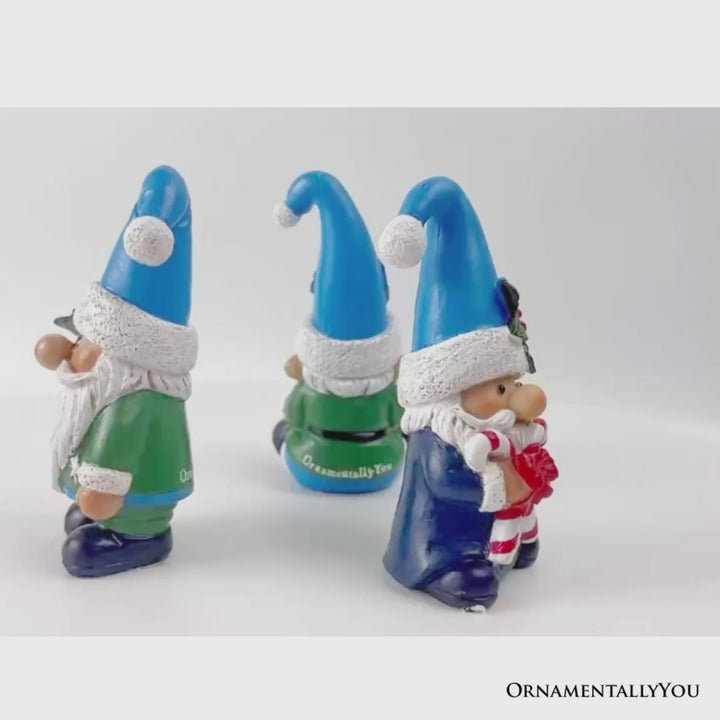 Sky Blue Hat Festive Holiday Gnome Set of Three Miniature Christmas Tabletop Figurine Statues