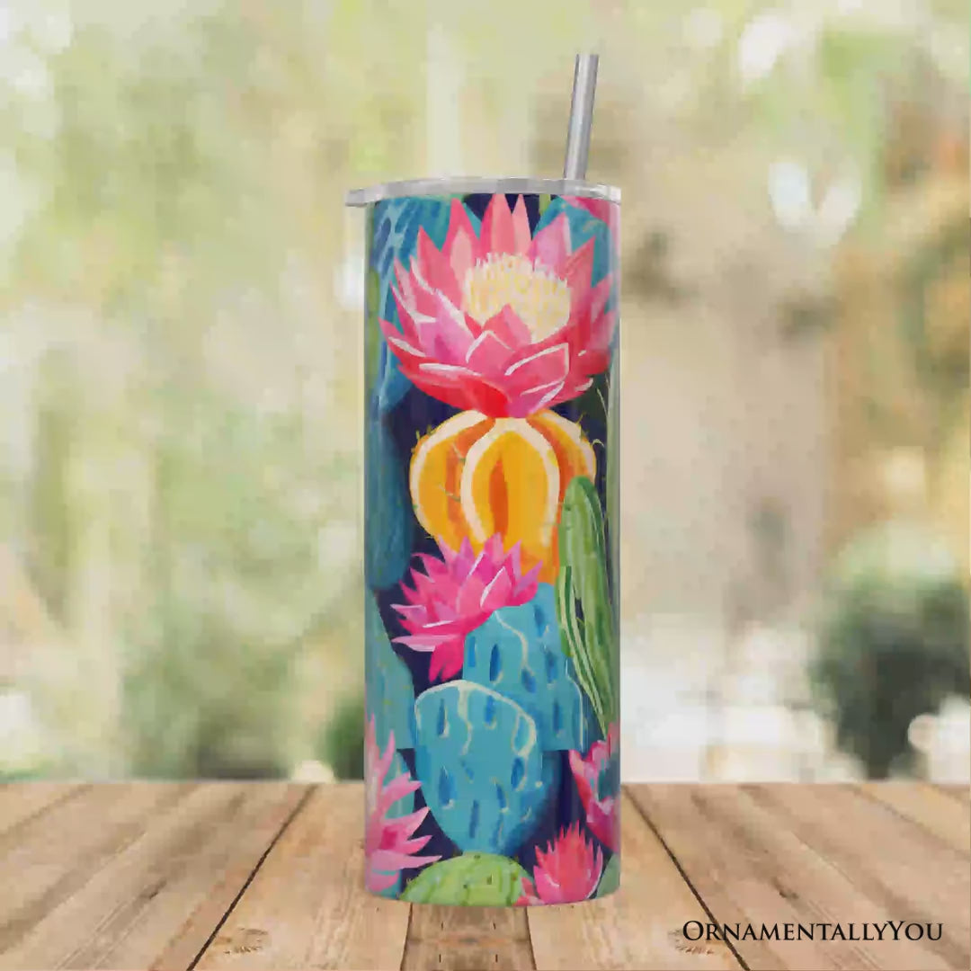 Blooming Desert Cactus Garden 20oz Personalized Tumbler With Lid and Stainless Steel Straw, Colorful Succulent Floral Gift Cup