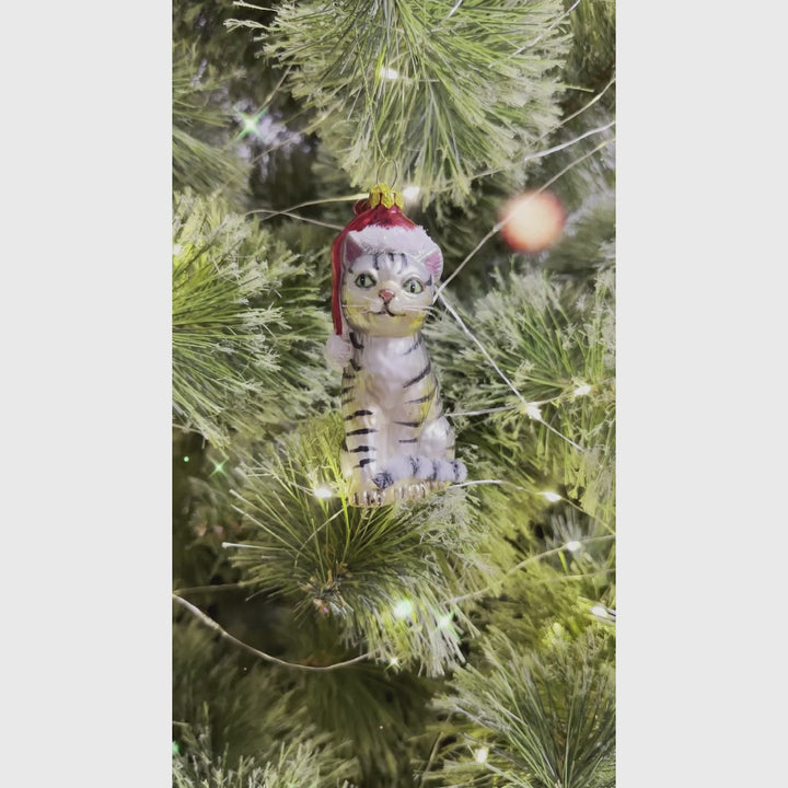 Tabby Cat with Santa Hat Glass Christmas Ornament