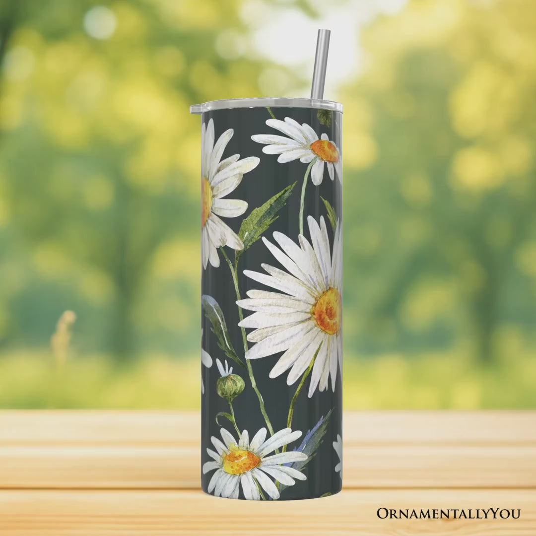 White Daisy Flower Pattern 20oz Personalized Tumbler With Lid and Stainless Steel Straw, Fresh Spring Floral Gift Cup