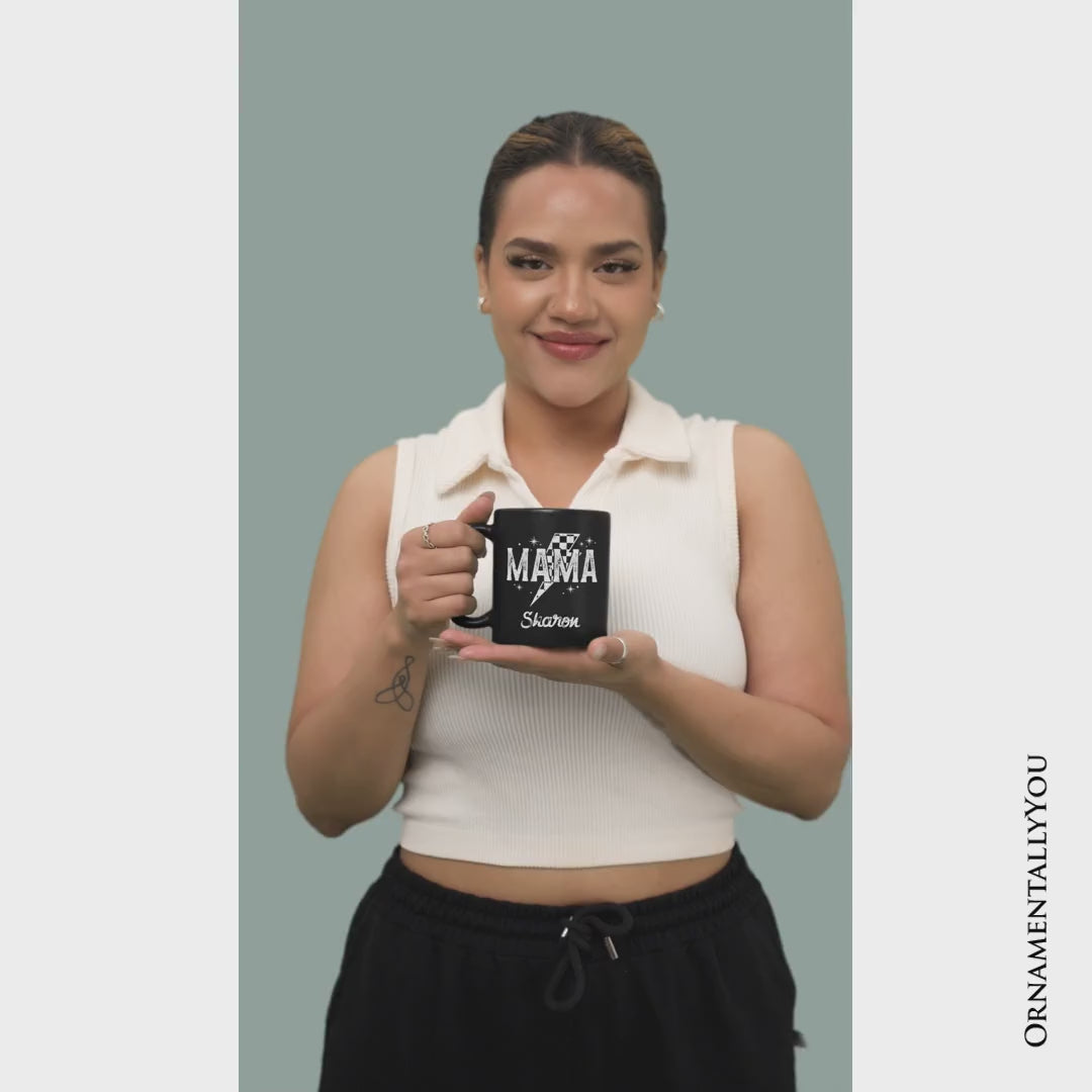 Checkered Lightning Bolt Mama Personalized Mug, Vintage Retro Black and White Gift with Custom Name for Energetic Moms