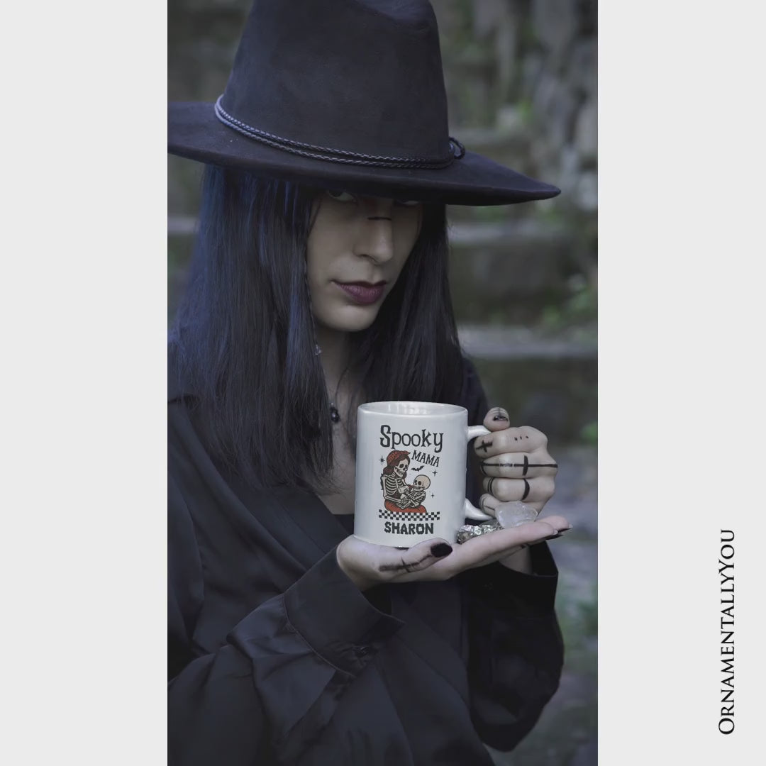 Spooky Mama Skeleton Halloween Personalized Mug, Momster Retro Checkered Gift with Custom Name