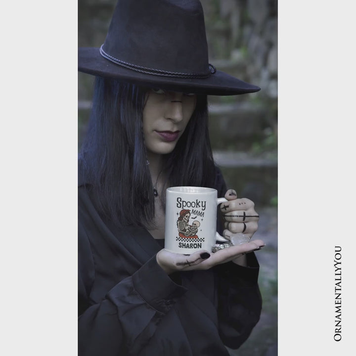 Spooky Mama Skeleton Halloween Personalized Mug, Momster Retro Checkered Gift with Custom Name