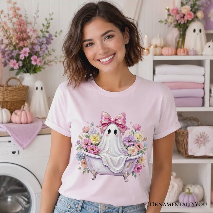 Pink Bow Bathtub Ghost T-Shirt, Floral Coquette Halloween Tee