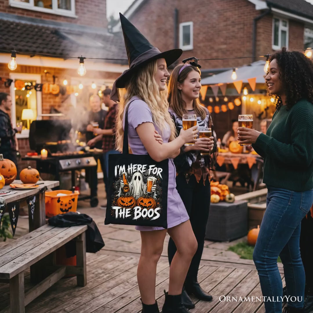 I’m Here for the Boos Ghost Tote Bag, Funny Halloween Beer Pumpkin Gift Shopper