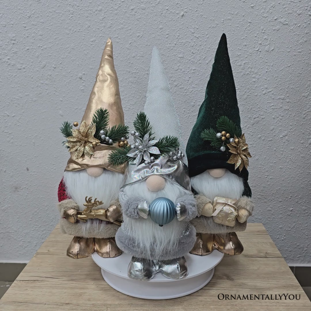 Christmas Luxe Plush Gnome Set of 3, Elegant Emerald Silver 19.3" Holiday Decor