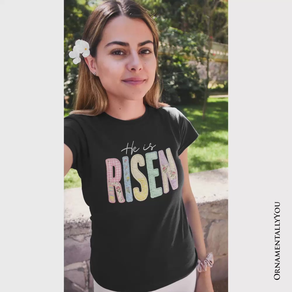 He Is Risen Printed Faux Embroidered Christian T-Shirt, Cute Religious Flowers Tee