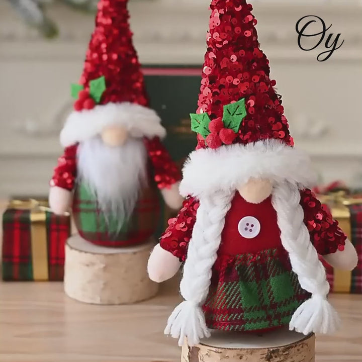 Glamorous Tartan Twosome Christmas Gnome Set of 2 with Plaid Kilt and Sequin Hat