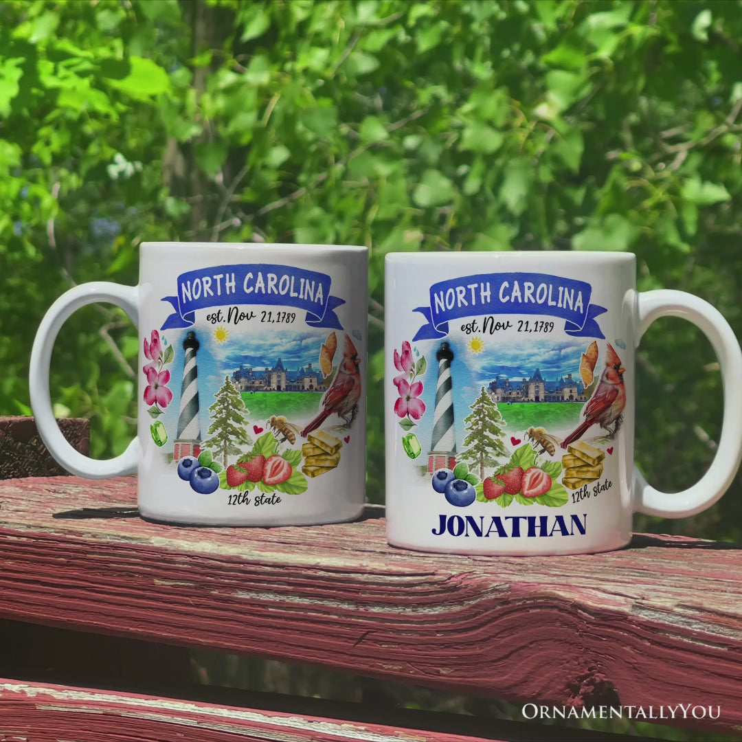 Artistic North Carolina State Themes and Landmarks Personalized Mug With Custom Name