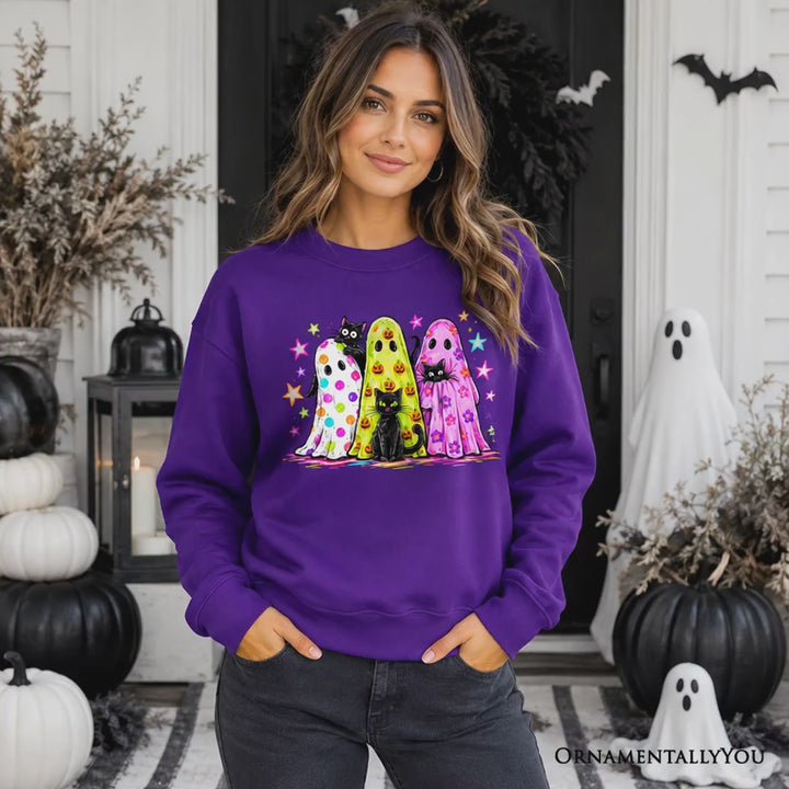 Colorful Ghosts and Black Cats Sweatshirt, Neon Halloween Spooky Season Sweater