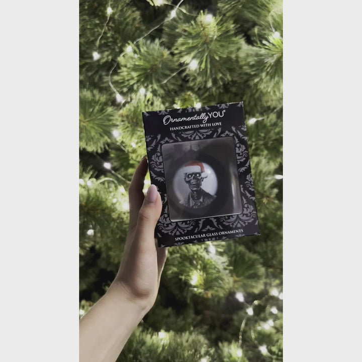 Zombie Christmas Spooky Portrait Glass Ornament, Black Horror Halloween Tree Decoration