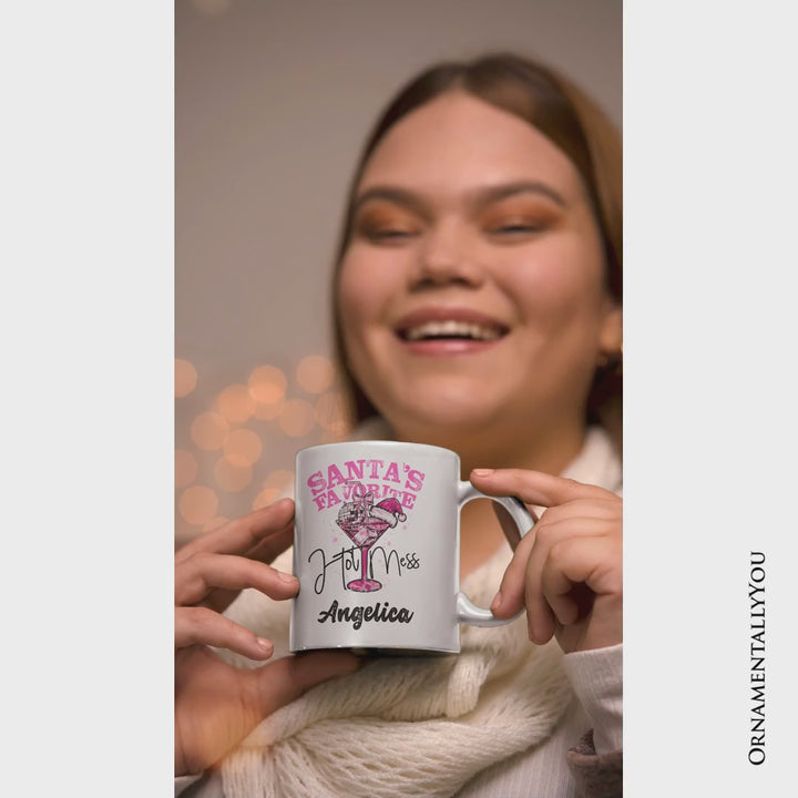 Santa’s Favorite Hot Mess Personalized Mug, Pink Martini Retro Disco Christmas Gift with Custom Name