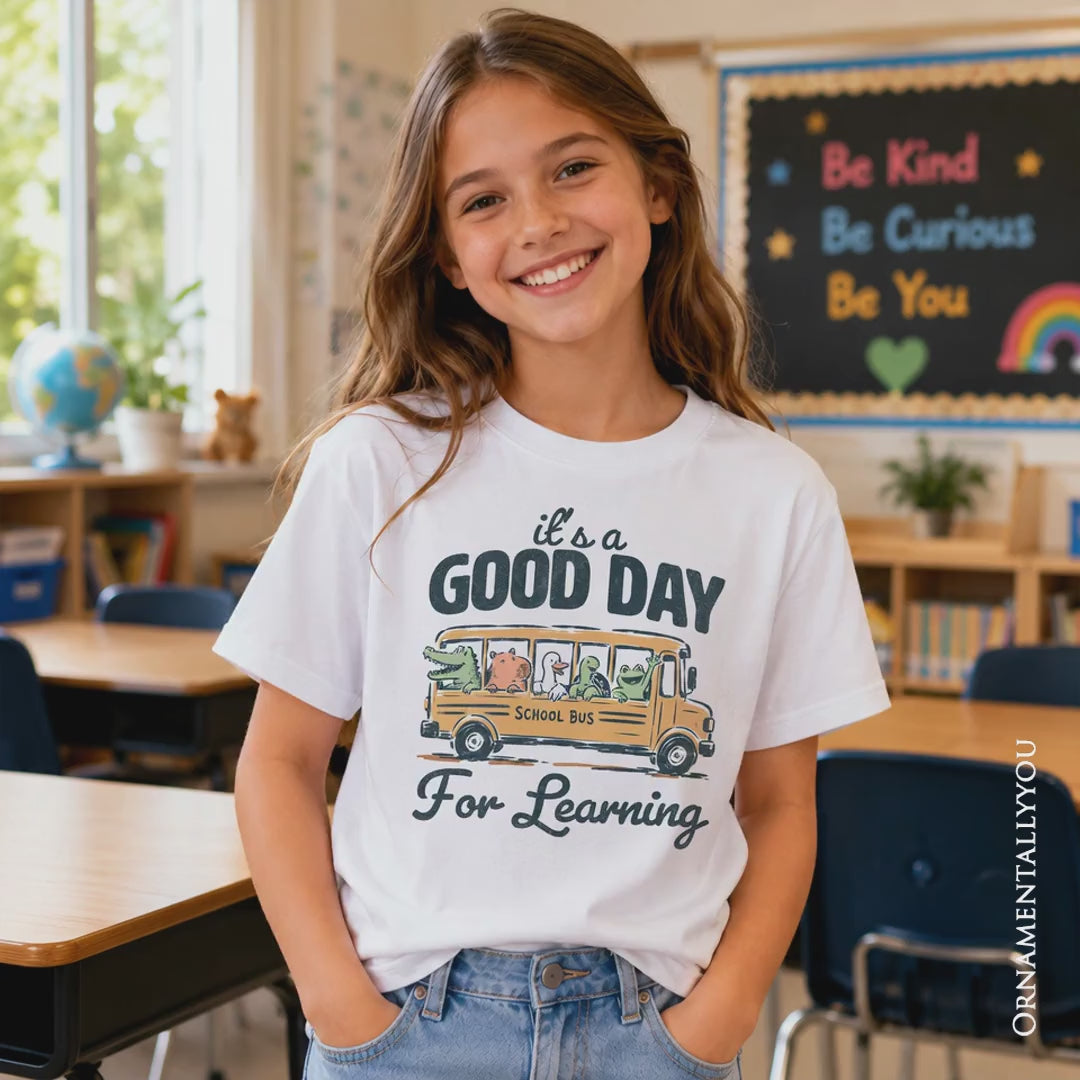 Kids Vintage Good Day for Learning School Bus T-Shirt, Back to School Youth Tee for Student