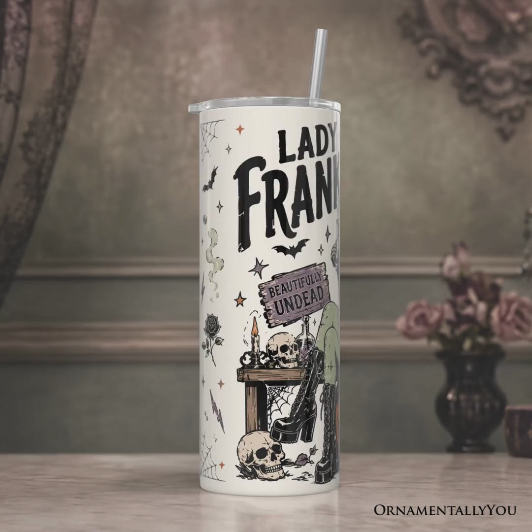 Beautifully Undead Lady Frankenstein 20oz Personalized Tumbler With Lid and Stainless Steel Straw, Vintage Halloween Monster Girl Gift Cup
