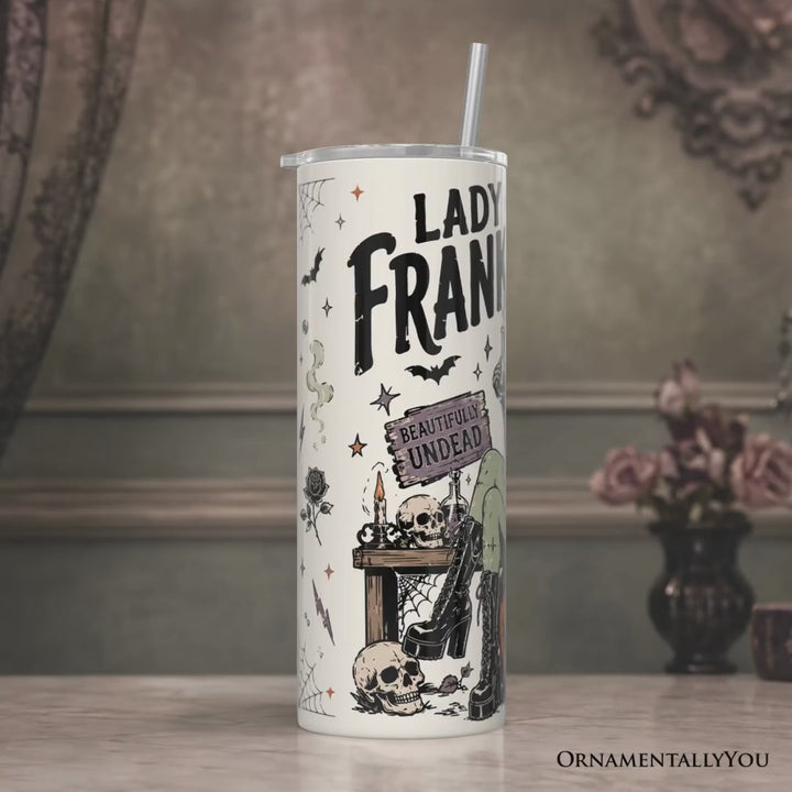 Beautifully Undead Lady Frankenstein 20oz Personalized Tumbler With Lid and Stainless Steel Straw, Vintage Halloween Monster Girl Gift Cup