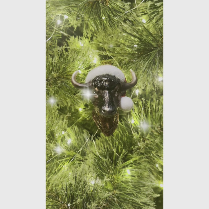 Festive Bison Glass Christmas Ornament, Buffalo Western Bovine Animal