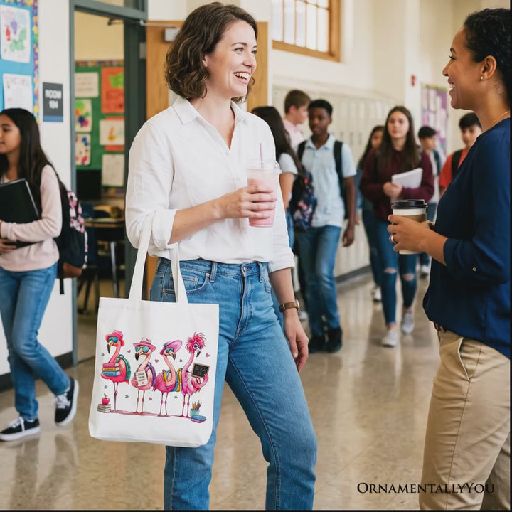 Flamingo Back to School Tote Bag, Cute Gift Shopper With Tropical Bird