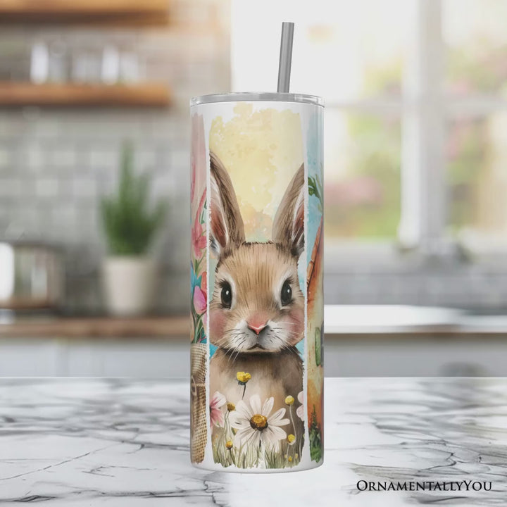 Easter Bunny Floral Brushstroke 20oz Personalized Tumbler With Lid and Stainless Steel Straw, Spring Pastel Coquette Travel Mug Gift