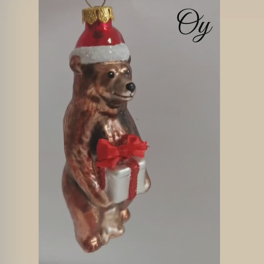 Grizzly Bear with Santa Hat and Gift Glass Christmas Ornament