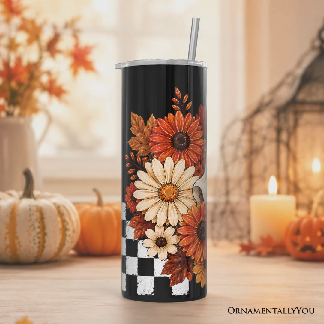 Fall Ghost Checkerboard 20oz Personalized Tumbler With Lid and Stainless Steel Straw, Floral Halloween Season Gift Cup