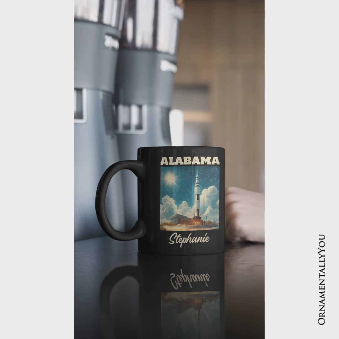 Retro Alabama State Rocket Launch Personalized Mug, NASA Space Center Gift and Huntsville Souvenir with Custom Name