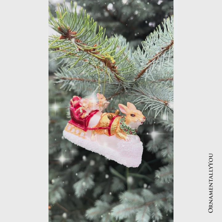 Enchanting Hare and Sleigh Glass Christmas Ornament, Elegant Hand Blown Tree Decor