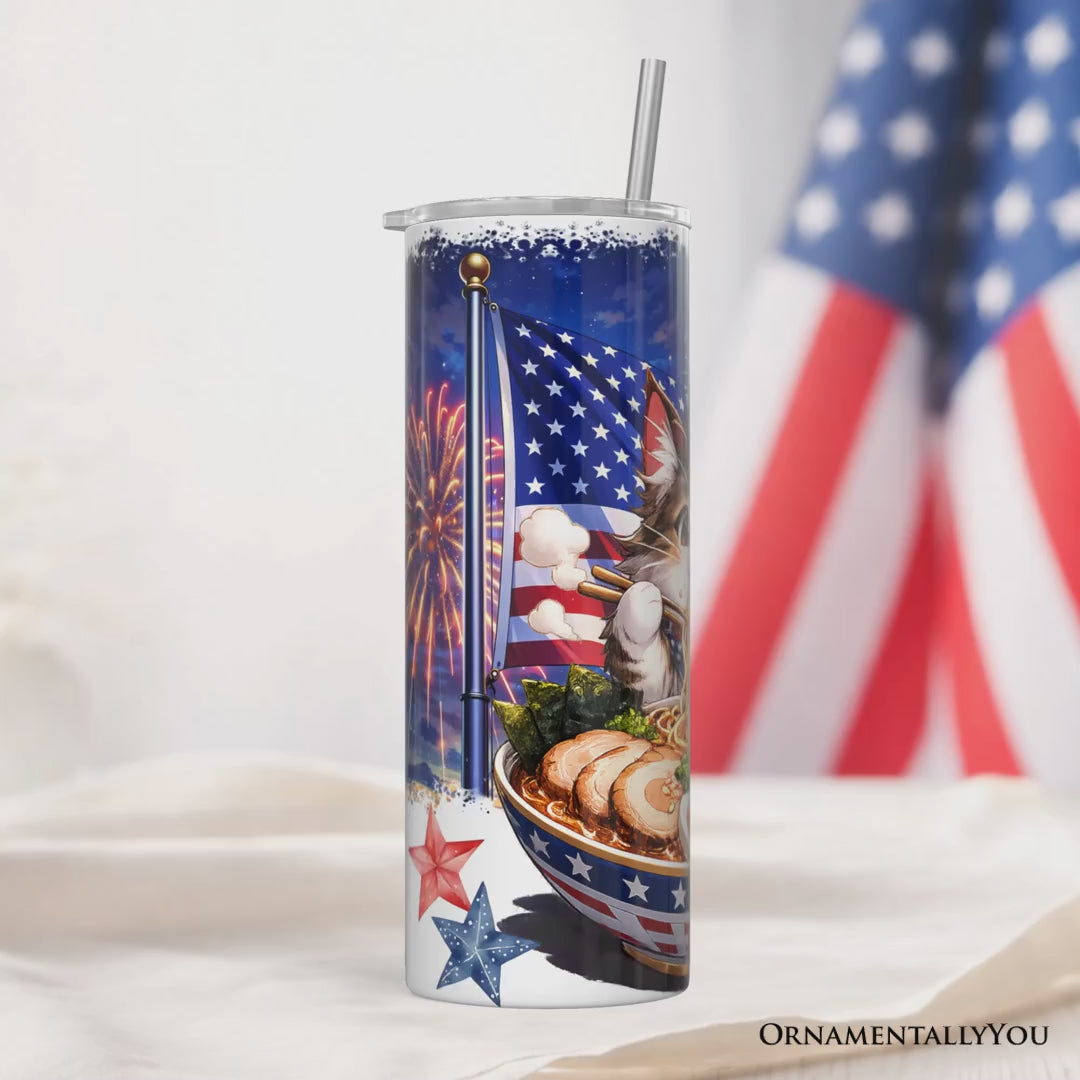 Kawaii Patriotic Ramen Maine Coon Cat 20oz Personalized Tumbler With Lid and Stainless Steel Straw, Japanese Anime Gift Cup