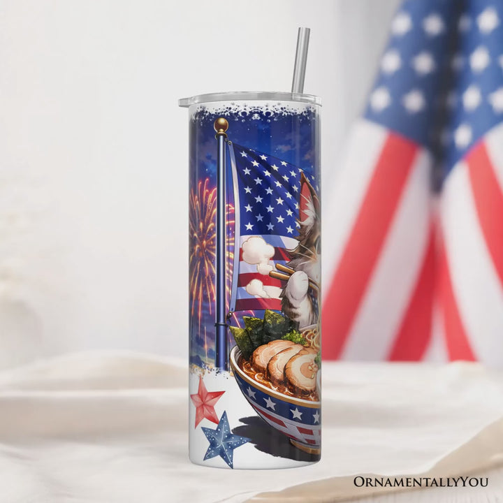 Kawaii Patriotic Ramen Maine Coon Cat 20oz Personalized Tumbler With Lid and Stainless Steel Straw, Japanese Anime Gift Cup