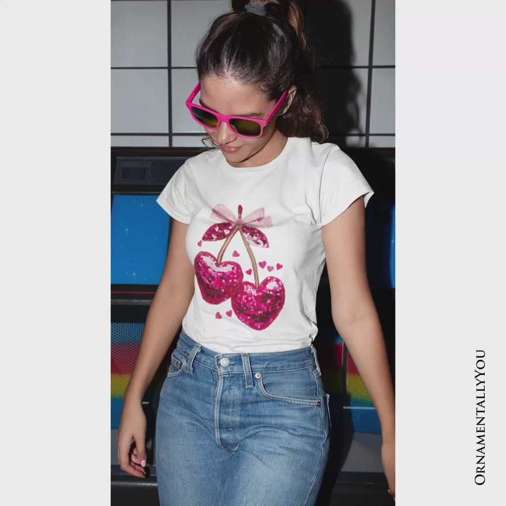 Sequin Pink Cherry Heart Valentine T-Shirt, Mood for Love Coquette Tee