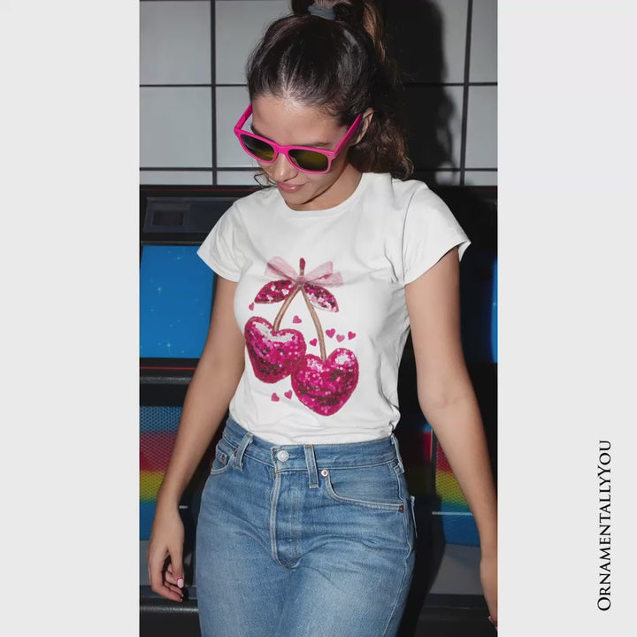 Sequin Pink Cherry Heart Valentine T-Shirt, Mood for Love Coquette Tee