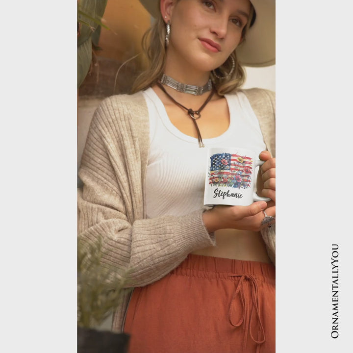 American Flag Floral Wildflower Personalized Mug, Patriotic Boho USA 4th of July Gift with Custom Name