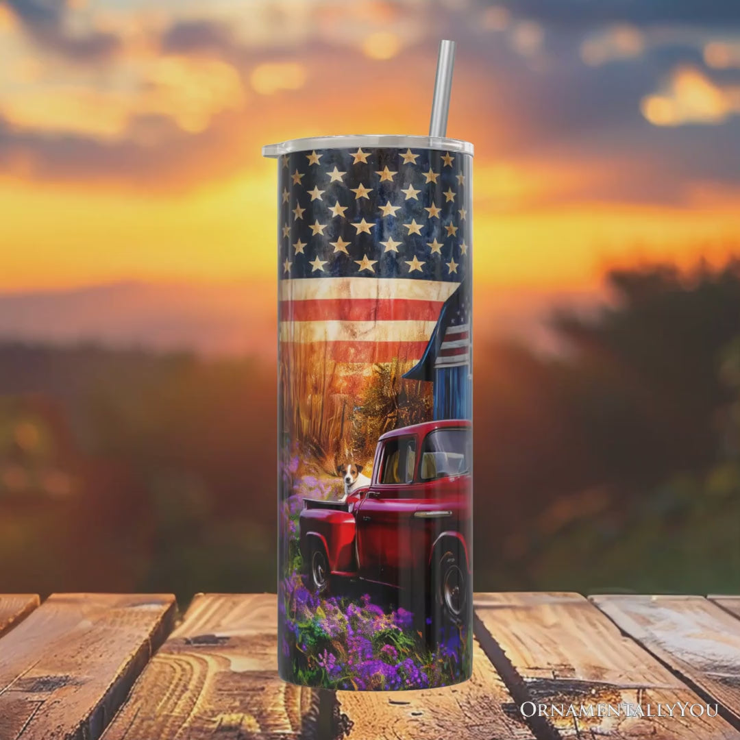 Rustic Old Red Truck and Country Barn 20oz Personalized Tumbler With Lid and Stainless Steel Straw, American Homeland Gift Cup