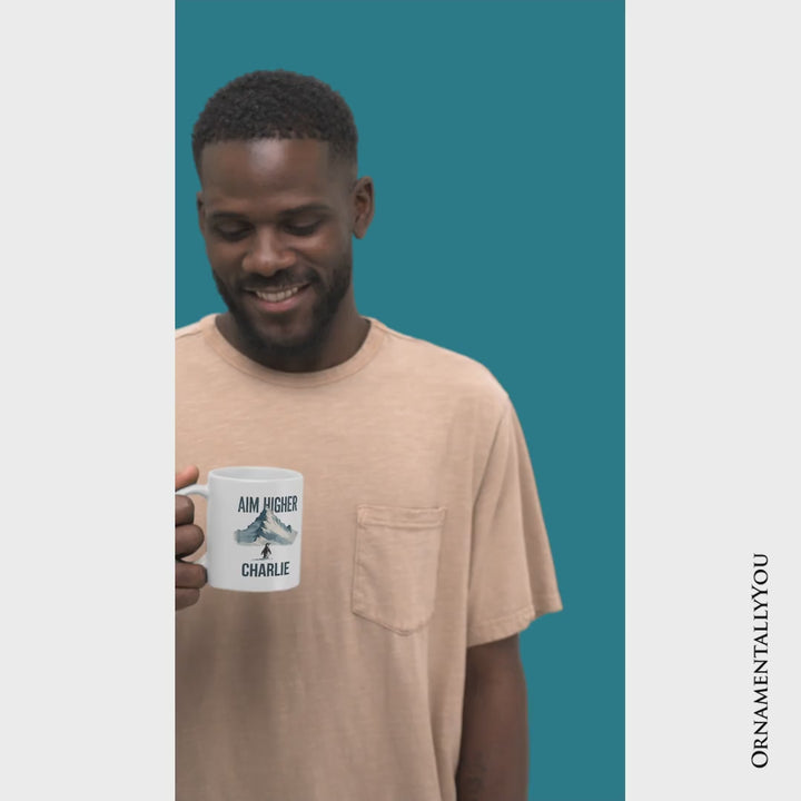 Aim Higher Penguin Personalized Mug, Vintage Mountain Motivational Quote Gift with Custom Name