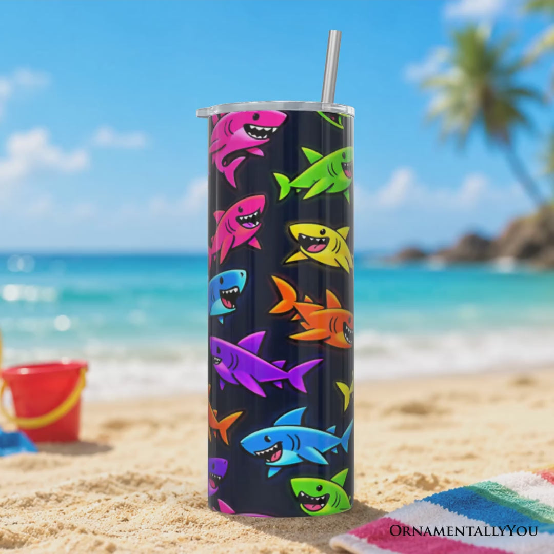 Neon Cartoon Shark Pattern 20oz Personalized Tumbler With Lid and Stainless Steel Straw, Kids Ocean Animal Gift Cup