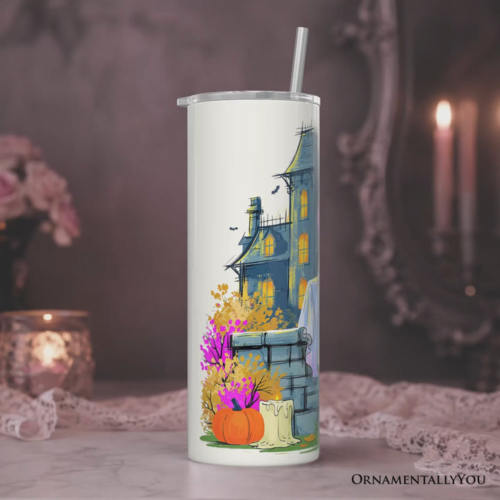 Mentally I Am Here Ghost 20oz Personalized Tumbler With Lid and Stainless Steel Straw, Pink Bow Haunted House Halloween Gift Cup