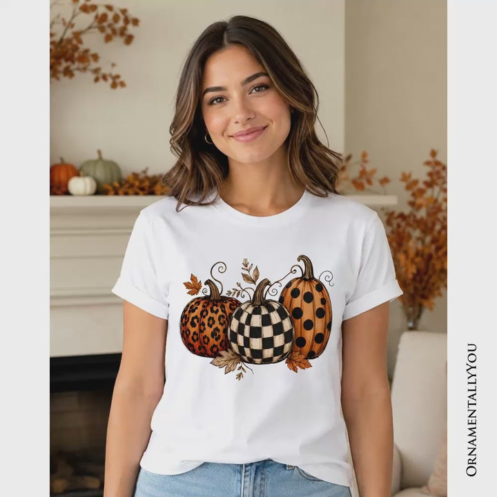 Leopard Checkered Pumpkin T-Shirt, Autumn Fall Tee