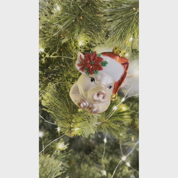 Charming Pig with Santa Hat Glass Christmas Ornament, Cute Farmhouse Tree Decor