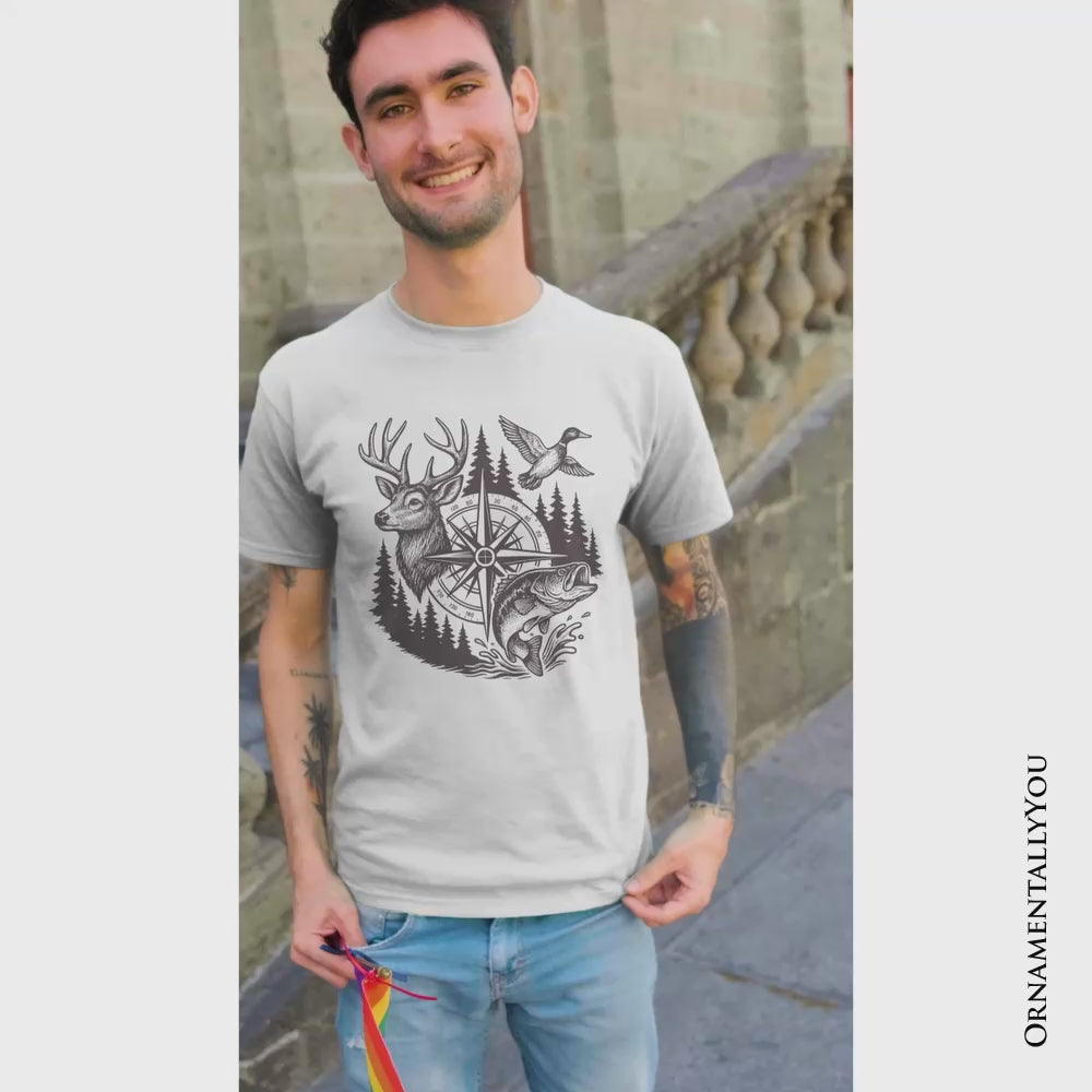 Deer Duck Fishing Hunting T-Shirt, Camo Vintage Compass Outdoors Tee